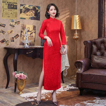Raudonas Seksualus Nėriniai ilgomis Rankovėmis Cheongsam Lady Gėlių Vestuvės Dress Suknelė Mandarinų Apykaklės Qipao Plius Dydis S-5XL Veatidos